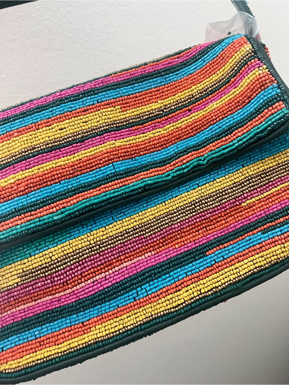 STAUD Multicolor Beaded Shoulder Bag with Dark Teal Strap